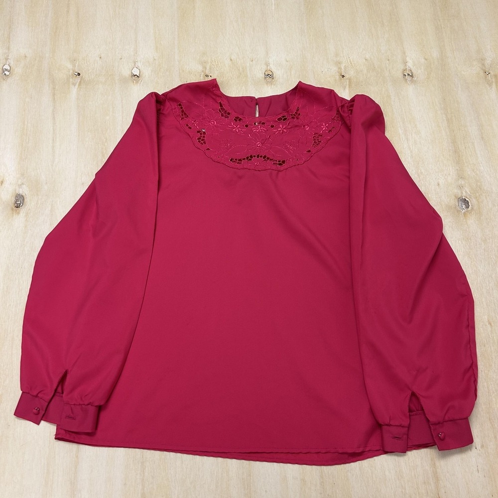 Vintage Rhoda Lee Blouse Womens 18 Pink Long Sleeve Floral Embroidered Yoke Top
